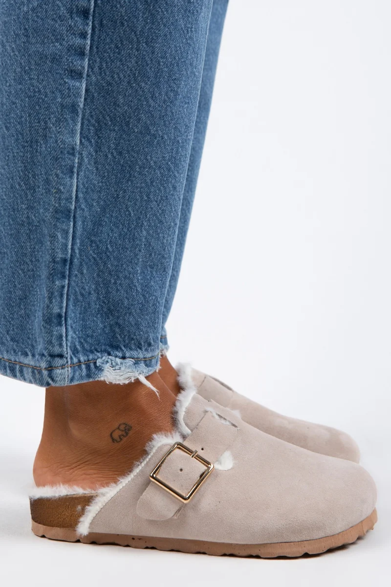 Manijero Manijero Zeta Women's Fur-Lined Genuine Leather Buckled Belted Fur-Lined Beige Suede Slippers