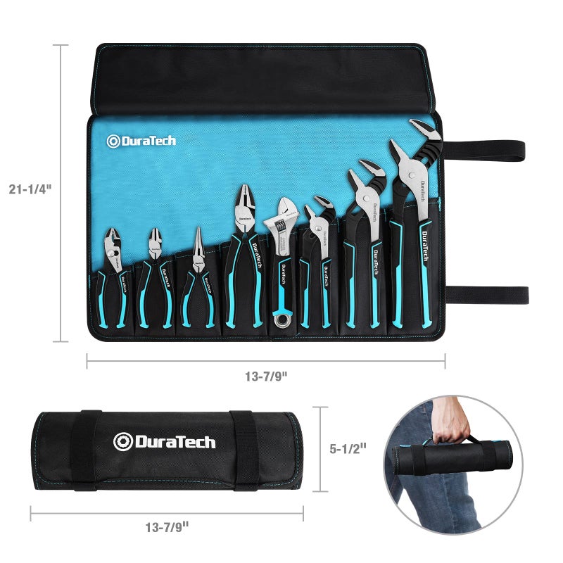 DURATECH 8-Piece Pliers Set with Rolling Pouch, Premium Cr-V/Cr-Ni Construction, (12", 10", 8" Groove Joint Pliers, 8" Adjustable Wrench, 8" Linesman, 6" Long Needle Nose, 6" Slip Joint, 6" Diagonal) - Image 2