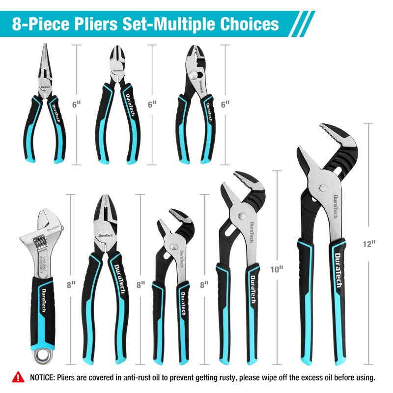 DURATECH 8-Piece Pliers Set with Rolling Pouch, Premium Cr-V/Cr-Ni Construction, (12", 10", 8" Groove Joint Pliers, 8" Adjustable Wrench, 8" Linesman, 6" Long Needle Nose, 6" Slip Joint, 6" Diagonal) - Image 3