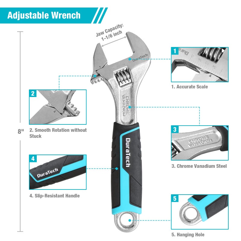 DURATECH 8-Piece Pliers Set with Rolling Pouch, Premium Cr-V/Cr-Ni Construction, (12", 10", 8" Groove Joint Pliers, 8" Adjustable Wrench, 8" Linesman, 6" Long Needle Nose, 6" Slip Joint, 6" Diagonal) - Image 5