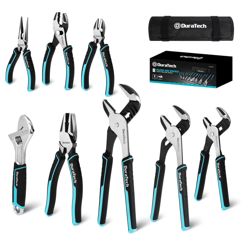 DURATECH 8-Piece Pliers Set with Rolling Pouch, Premium Cr-V/Cr-Ni Construction, (12", 10", 8" Groove Joint Pliers, 8" Adjustable Wrench, 8" Linesman, 6" Long Needle Nose, 6" Slip Joint, 6" Diagonal) - Image 1