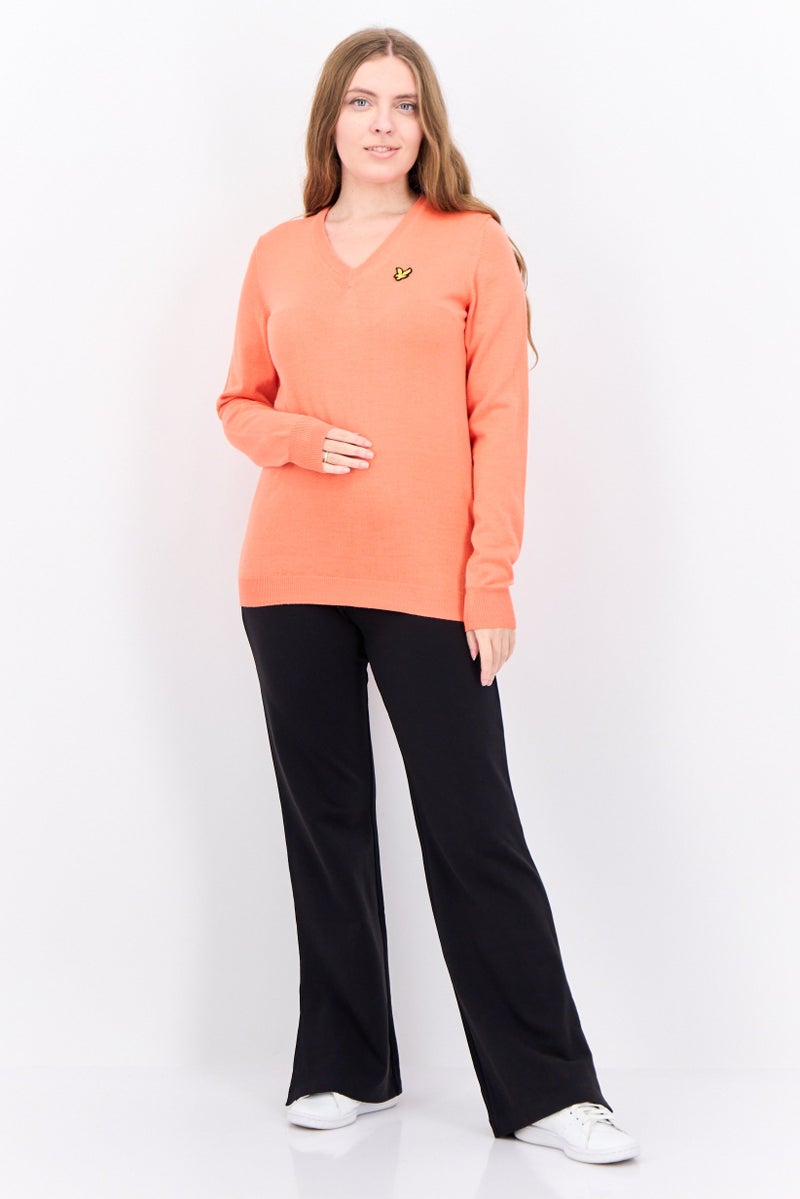 Lyle & Scott Women V-Neck Brand Logo Sweater, Coral - Image 2