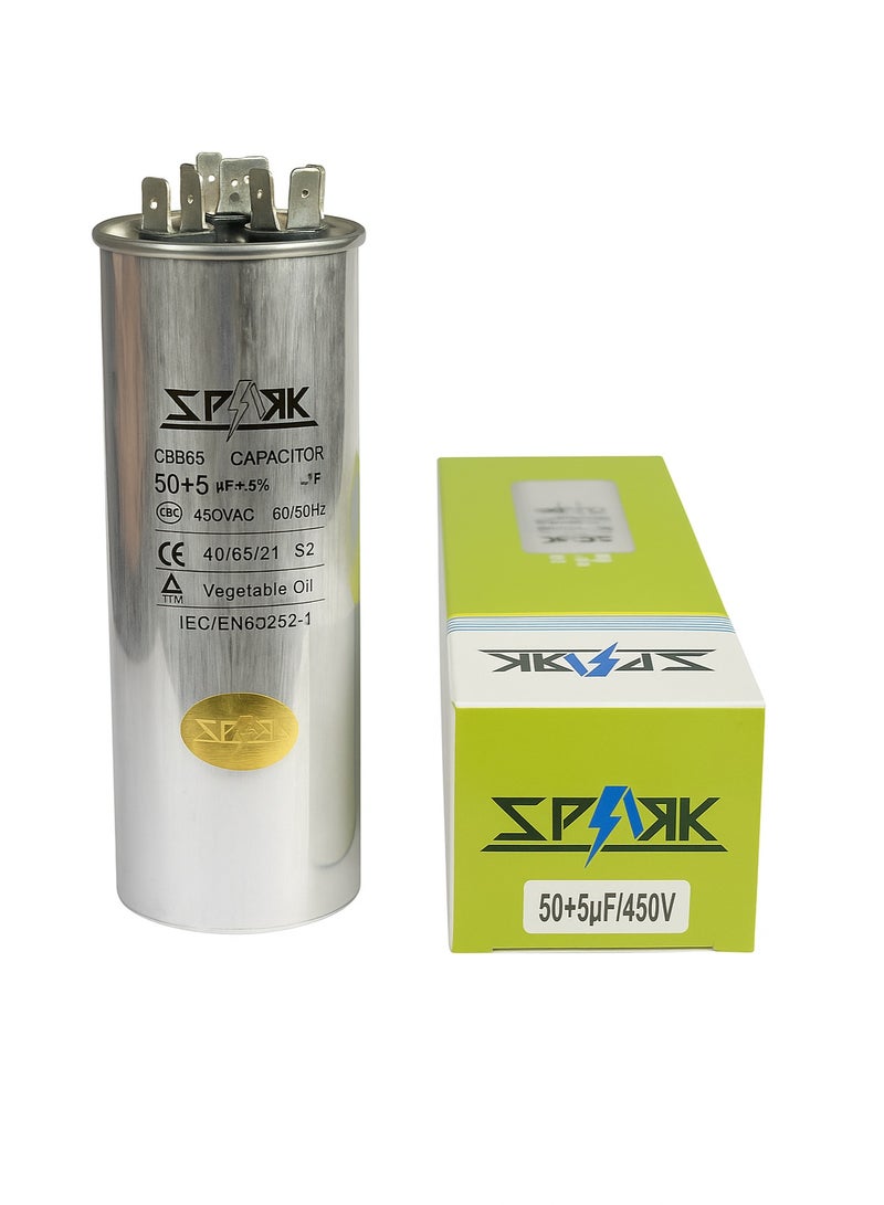 Capacitor for A/C 50+5 Mfd uF (microfarads) 370 or 450VAC CBB65 Round Universal fit for hvac and other applications 5-1/4 in High 2-1/8 in Wide CON-50/5-450 Replaces CAP-50/5-450