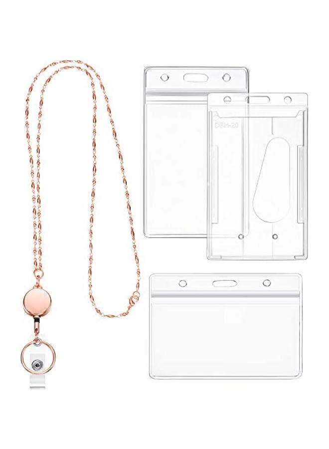 Arabest Rose Gold Retractable Badge Reel Lanyard Set for Women Teachers - Cruise Lanyard Stainless Steel Necklace with ID Holder Clip  - Image 1