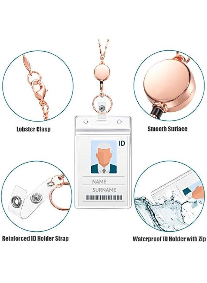 Arabest Rose Gold Retractable Badge Reel Lanyard Set for Women Teachers - Cruise Lanyard Stainless Steel Necklace with ID Holder Clip  - Image 3