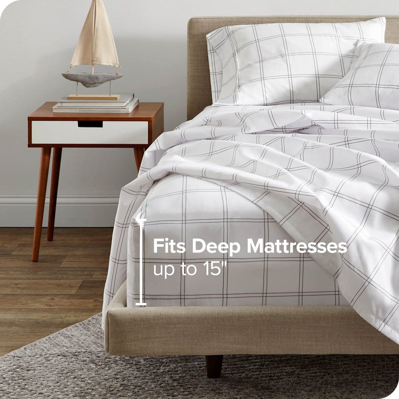 Bare Home Bare Home Fitted Bottom Sheet Queen Size - Premium 1800 Microfiber - Ultra-Soft Hotel Luxury - Deep Pocket - Durable and Long Lasting (Queen  Modern Plaid - White/Grey)  - Image 2