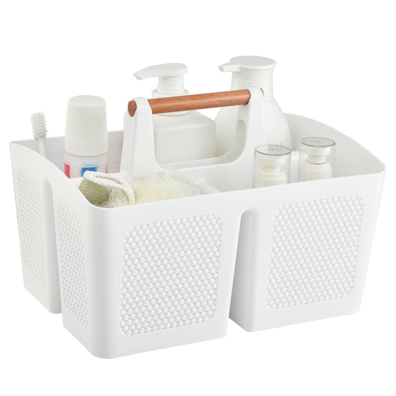 Haundry Plastic White Shower Caddy Basket with 3 Compartments, Portable Divided Bathroom Cleaning Caddy Organizer Storage Tote with Handle for Dorm, College, Room Essentials - Image 1