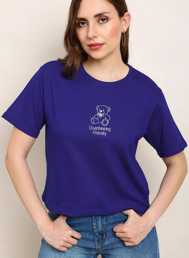 globus Globus Women Navy Blue Round Neck Drop Shoulder Sleeves Graphic Print Boxy Fit Crop T-Shirt