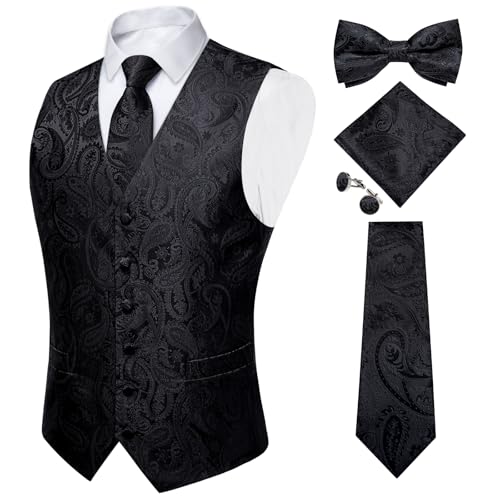 DiBanGu Black Vest and Tie Sets for Men Suit Waistcoat Paisley Bow Tie Pocket Square Business Formal Dress Vest - Image 2