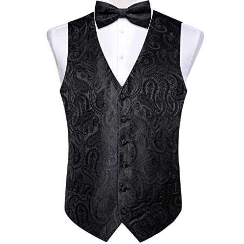 DiBanGu Black Vest and Tie Sets for Men Suit Waistcoat Paisley Bow Tie Pocket Square Business Formal Dress Vest - Image 4