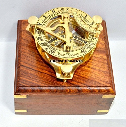 THOR INSTRUMENTS Antique Brass Sundial Compass WEST London Nautical Item with Wood Box Free Rustic Vintage Home Decor Gifts 8 Cm - Image 5