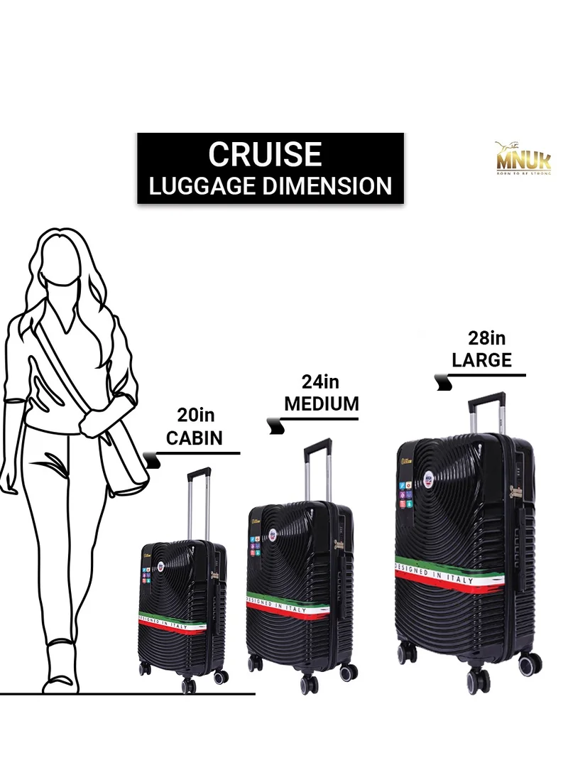 MNUK Cruise Checked Luggage | Hardside Soft Handle Trolley with TSA Lock |Double 360° 4 Wheeler| Madium-24 Inch| Black