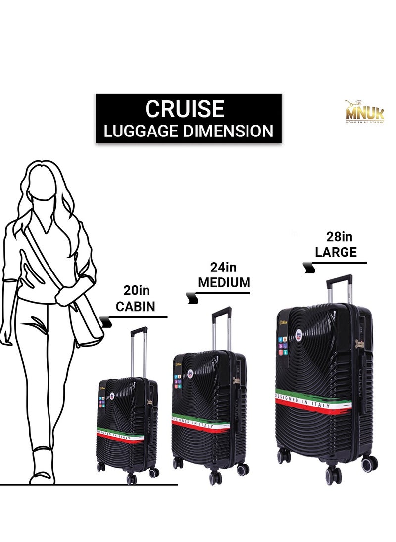 MNUK - Cruise Checked Luggage | Hardside Soft Handle Trolley with TSA Lock |Double 360° 4 Wheeler| Madium-24 Inch| Black - Image 1