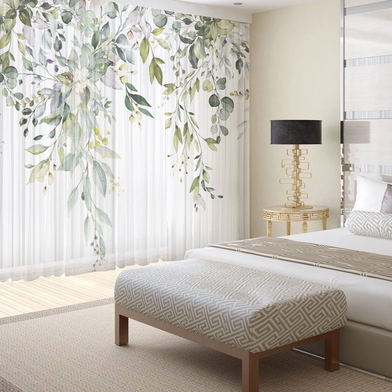 Fereyis Green Eucalyptus Leaves Sheer Curtains for Living Room 84 inch Length 2 Panels Set Elegant Wild Flower Floral Spring Printed Window Curtain Natural Chiffon Drapes for Bedroom - Image 2