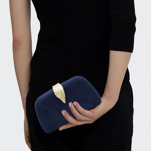 Milisente Clutch Purses For Women, Solid Soft Suede Evening Clutch Bag Shoulder Bag With Metallic Leaves Clasp(Navy Blue) - Image 2