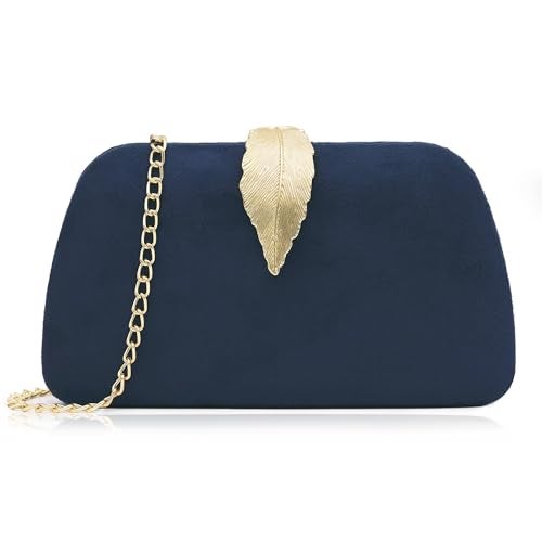 Milisente Clutch Purses For Women, Solid Soft Suede Evening Clutch Bag Shoulder Bag With Metallic Leaves Clasp(Navy Blue) - Image 1