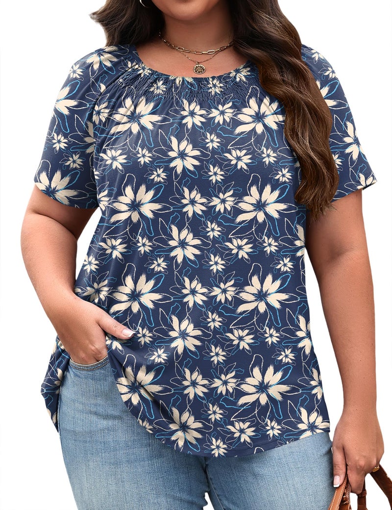 Micoson Plus Size Short Sleeve Peasant Tops for Women Boho Blouse Cotton Tops for Women Loose Fit Summer Shirt - Image 1