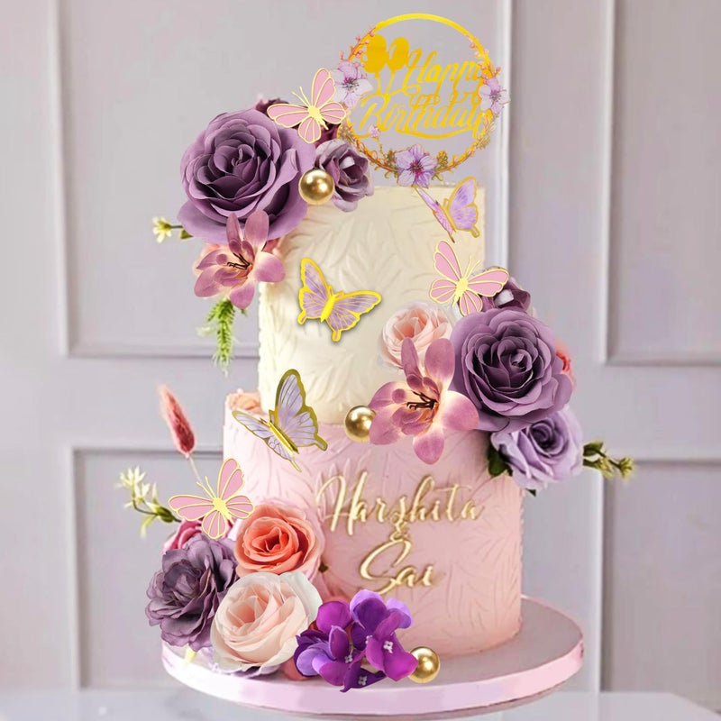 Tazimi Flower Cake Topper Purple Cake Decorations with Artificial Flowers Butterfly Balls for Wedding Birthday - Image 5