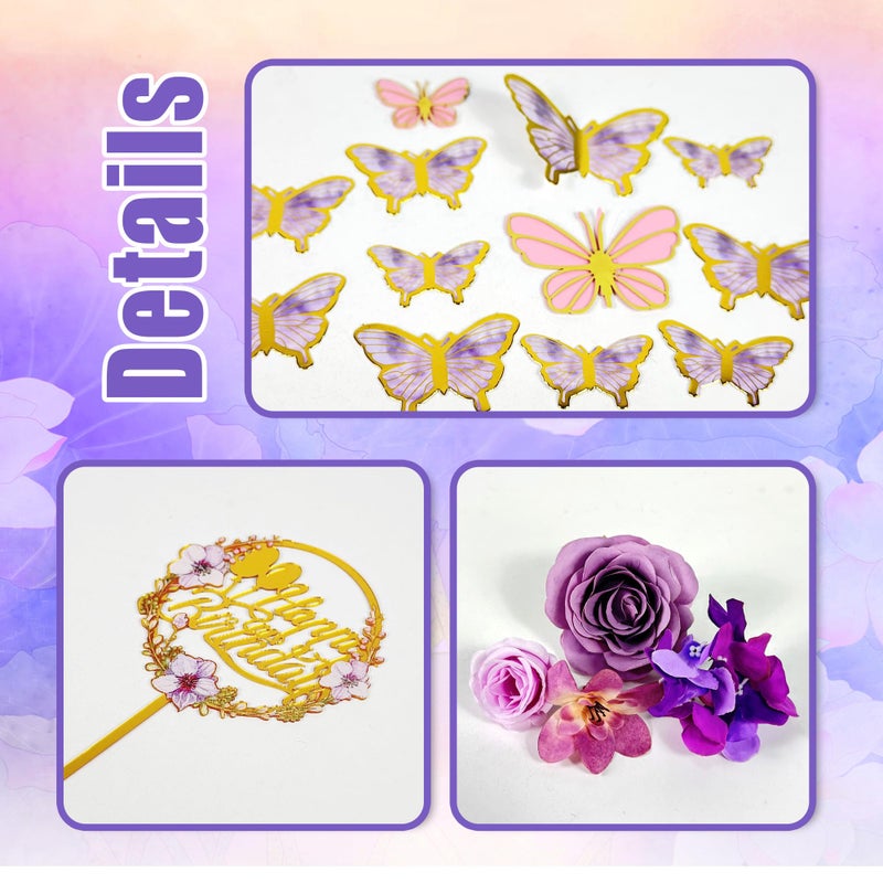 Tazimi Flower Cake Topper Purple Cake Decorations with Artificial Flowers Butterfly Balls for Wedding Birthday - Image 3