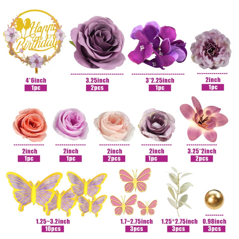 Tazimi Flower Cake Topper Purple Cake Decorations with Artificial Flowers Butterfly Balls for Wedding Birthday - Image 2