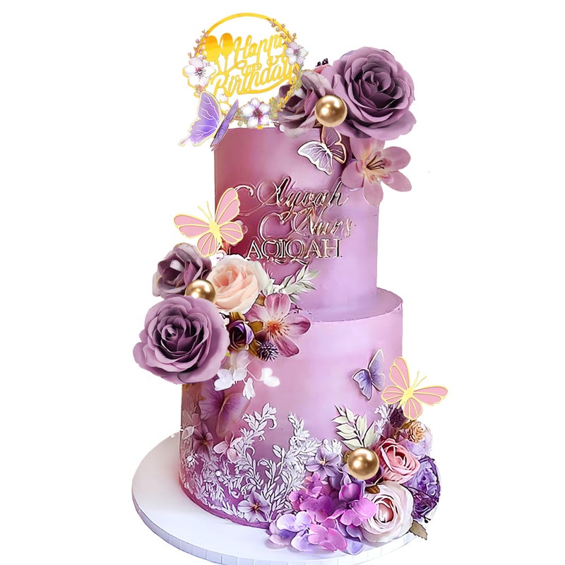 Tazimi Flower Cake Topper Purple Cake Decorations with Artificial Flowers Butterfly Balls for Wedding Birthday - Image 1