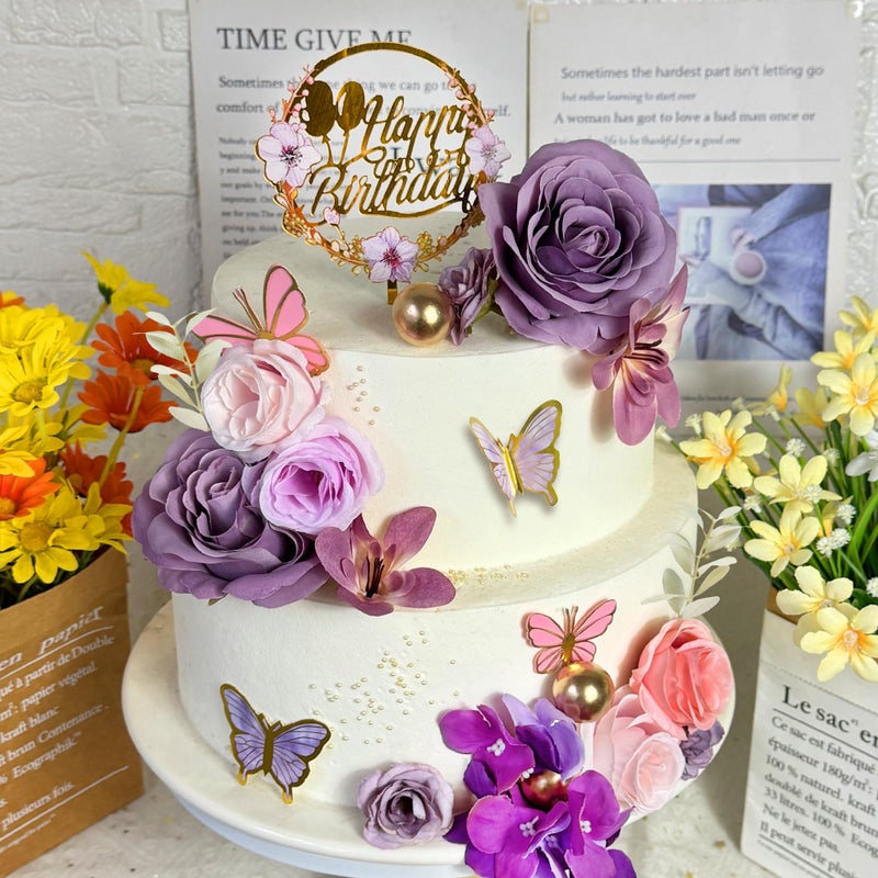 Tazimi Flower Cake Topper Purple Cake Decorations with Artificial Flowers Butterfly Balls for Wedding Birthday - Image 4
