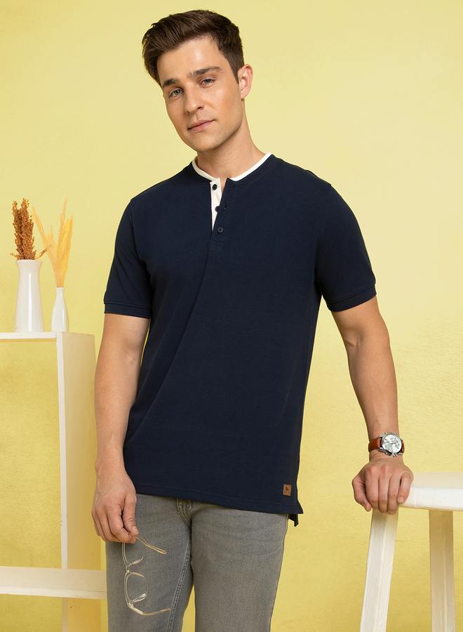 Dennis Lingo Men's Navy Pique Solid Pattern Regular Fit T-Shirt  - Image 2