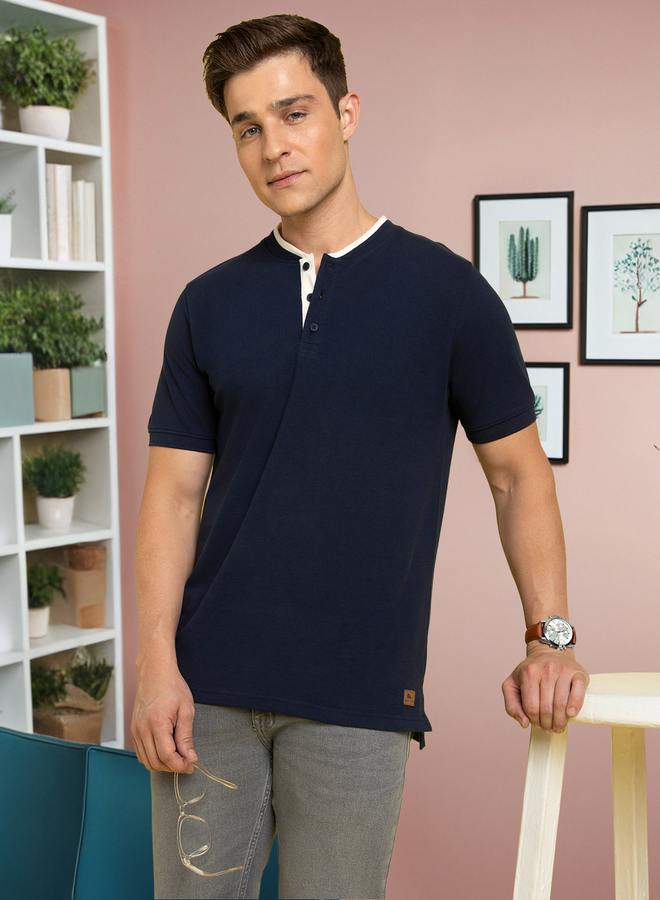 Dennis Lingo Men's Navy Pique Solid Pattern Regular Fit T-Shirt  - Image 1