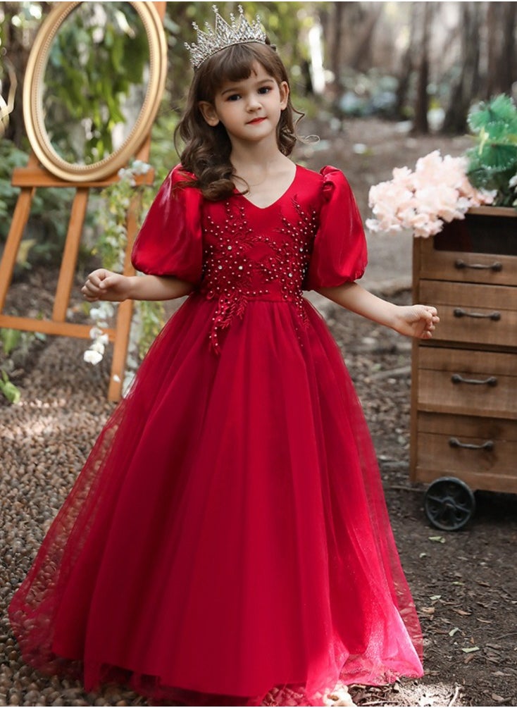 Best Gift Fashion - Children's New Fashion Princess Puff Sleeve Festive Dress For Birthday Party Red Color - Image 1