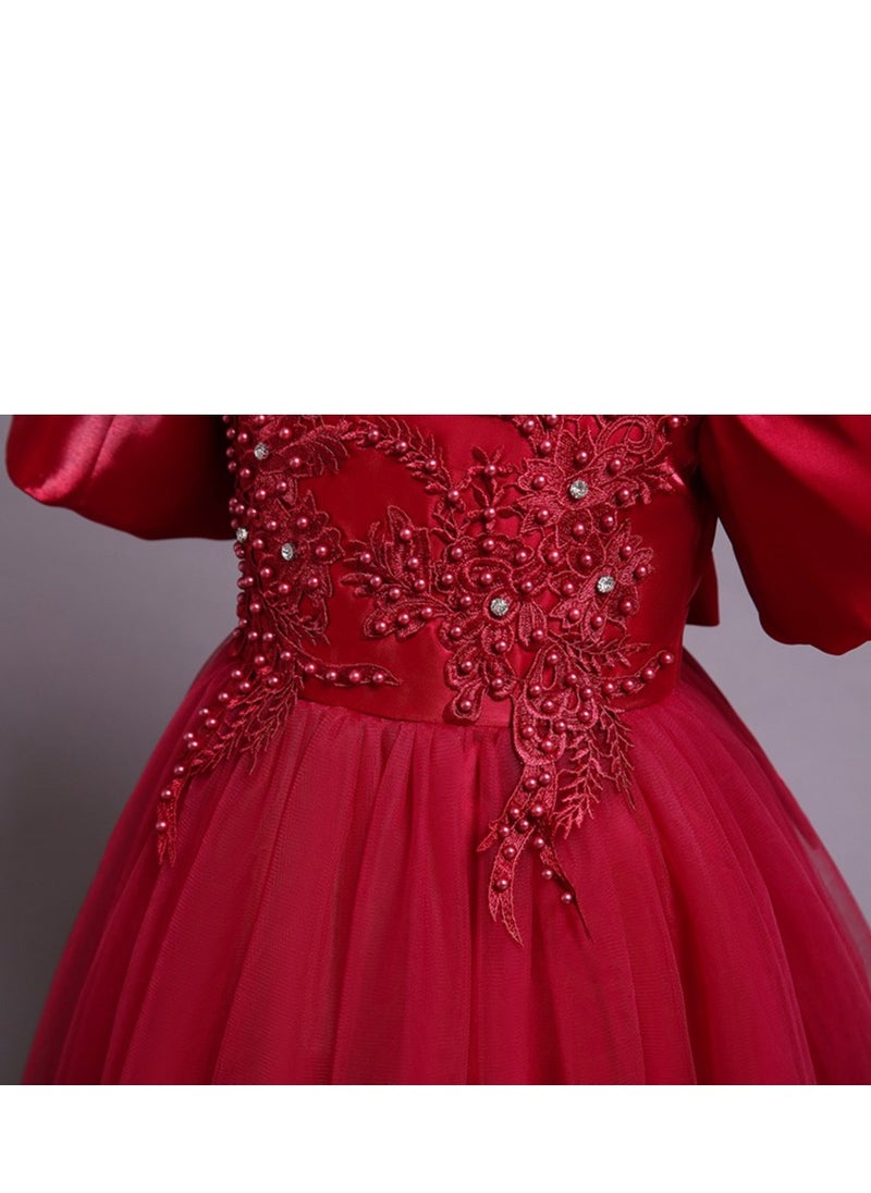 Best Gift Fashion - Children's New Fashion Princess Puff Sleeve Festive Dress For Birthday Party Red Color - Image 1