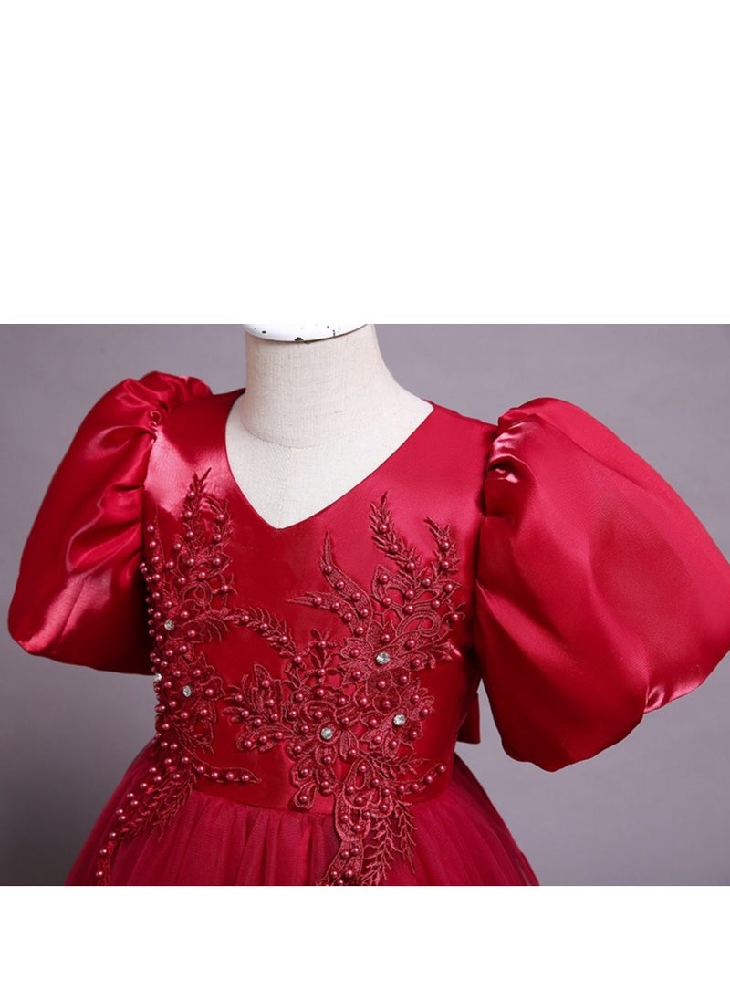Best Gift Fashion - Children's New Fashion Princess Puff Sleeve Festive Dress For Birthday Party Red Color - Image 1