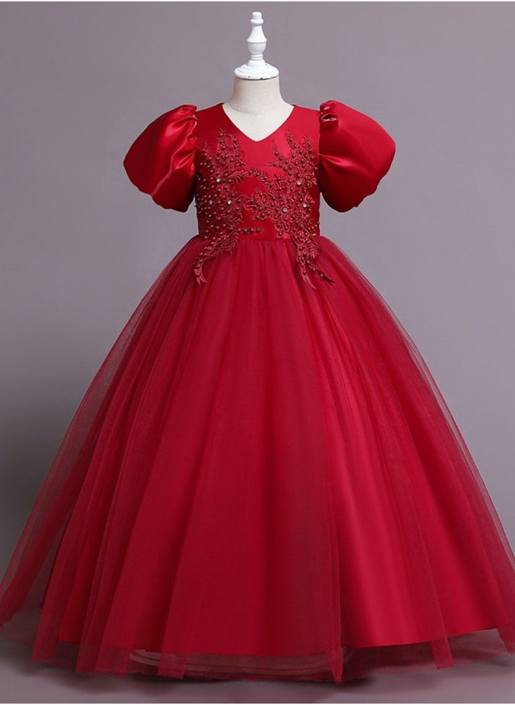 Best Gift Fashion - Children's New Fashion Princess Puff Sleeve Festive Dress For Birthday Party Red Color - Image 1