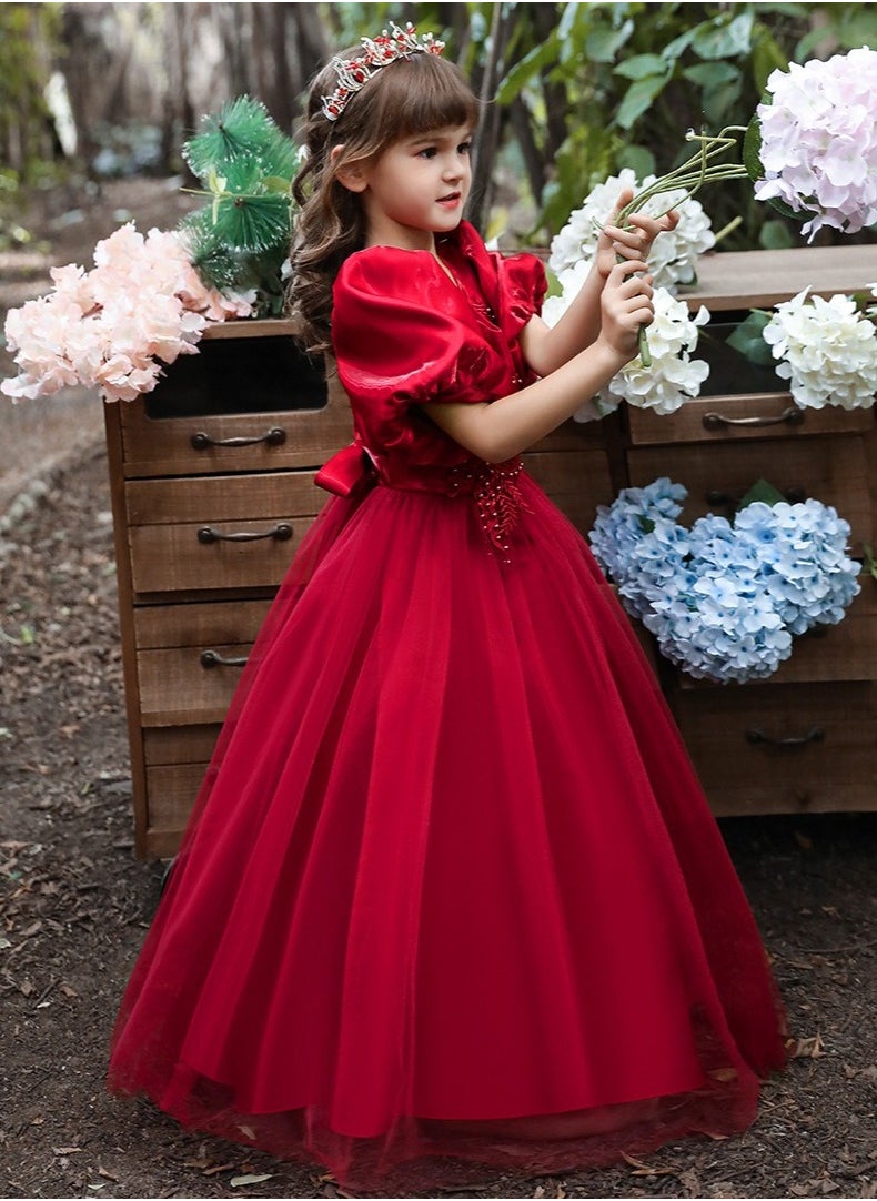 Best Gift Fashion - Children's New Fashion Princess Puff Sleeve Festive Dress For Birthday Party Red Color - Image 1