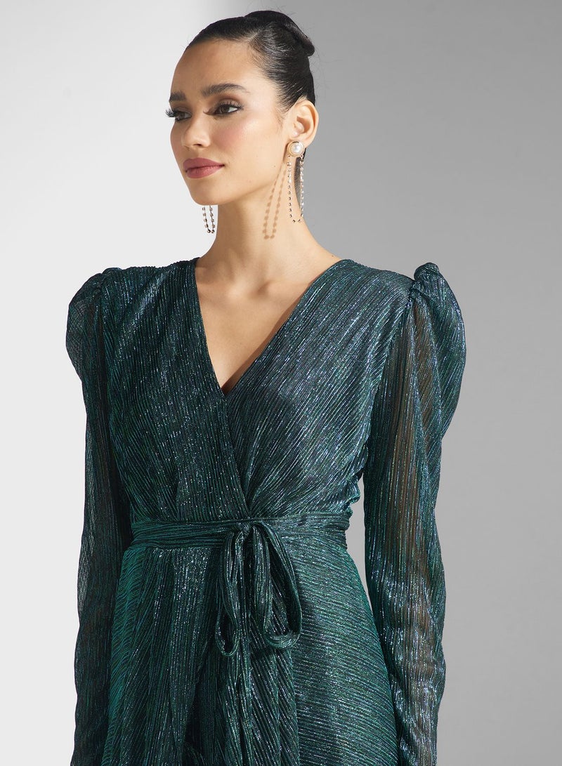 Plunge Neck Wrap Front Dress