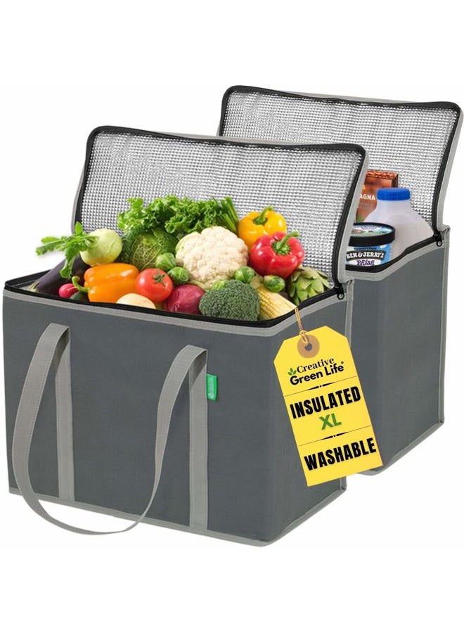 Creative Green Life XL Insulated Reusable Grocery Bags (2-Pack) - Premium Quality Cooler Bags with Hard Bottom Insert - Stands Upright, Machine Washable, Sturdy Zipper - Insulated Bag for Warm or Cold Food Delivery Bag - Image 1