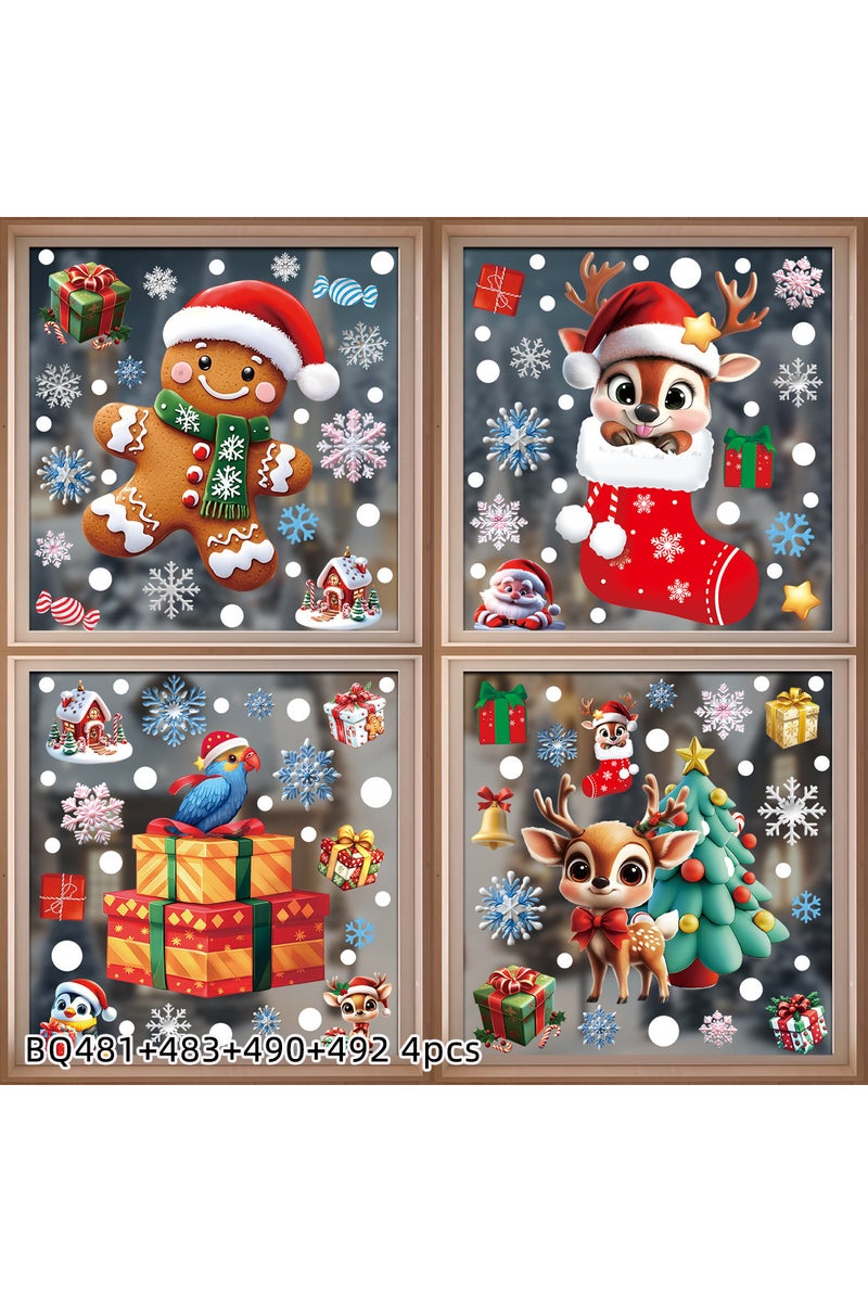 E 4PCS 2025 Christmas Static Cling Stickers - Gingerbread Man Snowman Snowflake Santa Claus Window D
