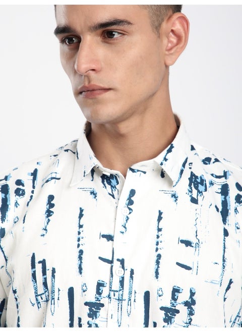 Blue And White Abstract Brush Stroke Printed Shirt