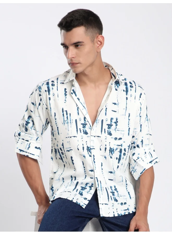 Beyoung Blue And White Abstract Brush Stroke Printed Shirt