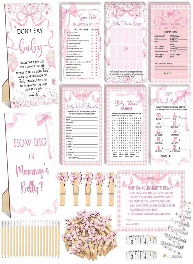 Funnymoom 426 Pcs Pink Bow Baby Shower Games Set-8 Games, Includes Baby Shower Bingo, Price is Right, Guess Who, Word Scramble, Prediction and Advice, How Big is Mommy's Belly, Don't Say The Words - Image 1