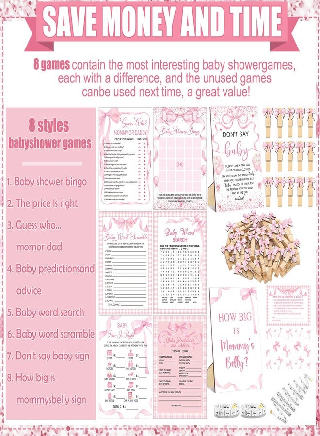 Funnymoom 426 Pcs Pink Bow Baby Shower Games Set-8 Games, Includes Baby Shower Bingo, Price is Right, Guess Who, Word Scramble, Prediction and Advice, How Big is Mommy's Belly, Don't Say The Words - Image 4