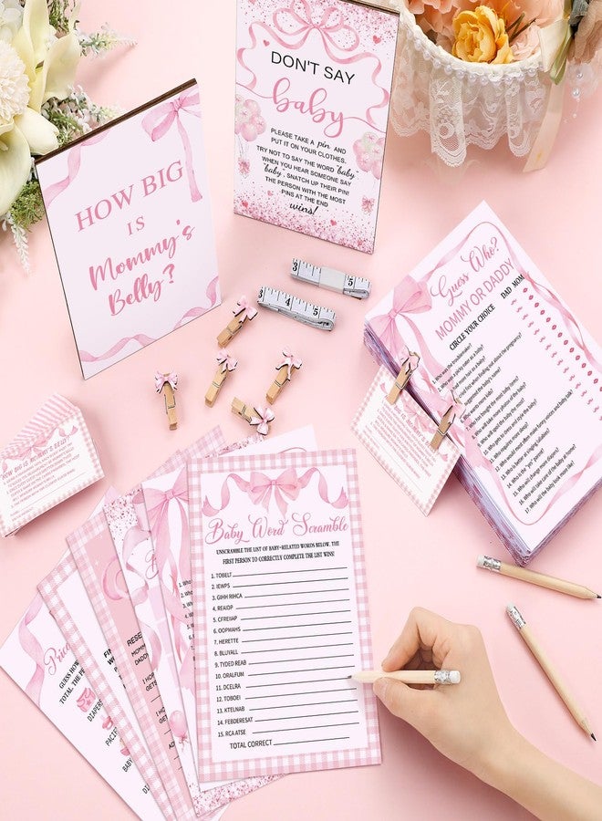 Funnymoom 426 Pcs Pink Bow Baby Shower Games Set-8 Games, Includes Baby Shower Bingo, Price is Right, Guess Who, Word Scramble, Prediction and Advice, How Big is Mommy's Belly, Don't Say The Words - Image 2