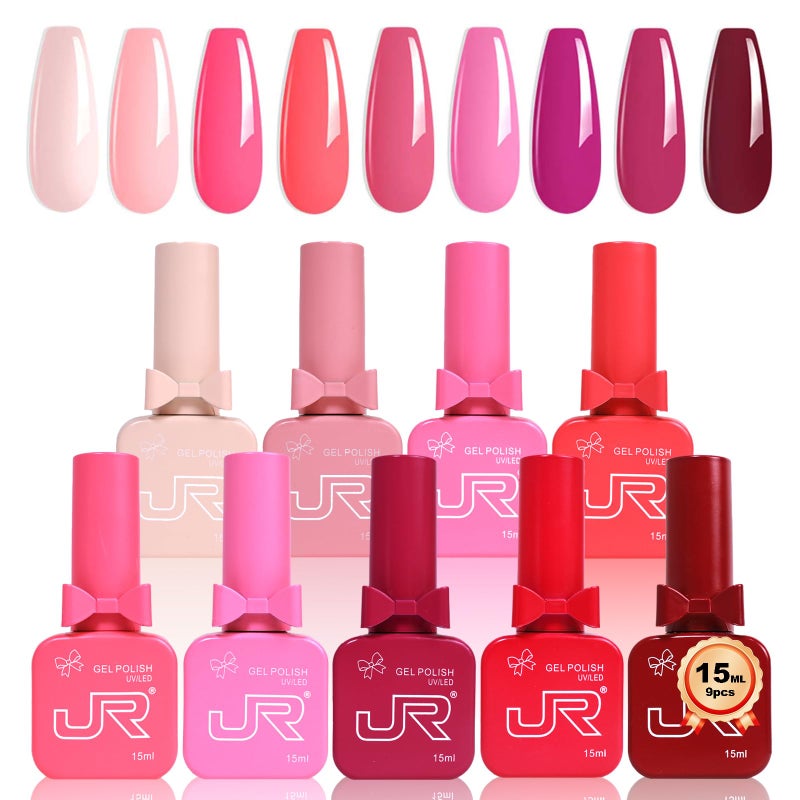 JR 9pcs 15ml Gel Nail Polish Set Red Nude Pink Gel Polish Kit Nude Pink Gel Polish Nail Art Manicure Salon DIY Soak Off UV LED Nail Gel Kit DIY Art Manicure - Image 1