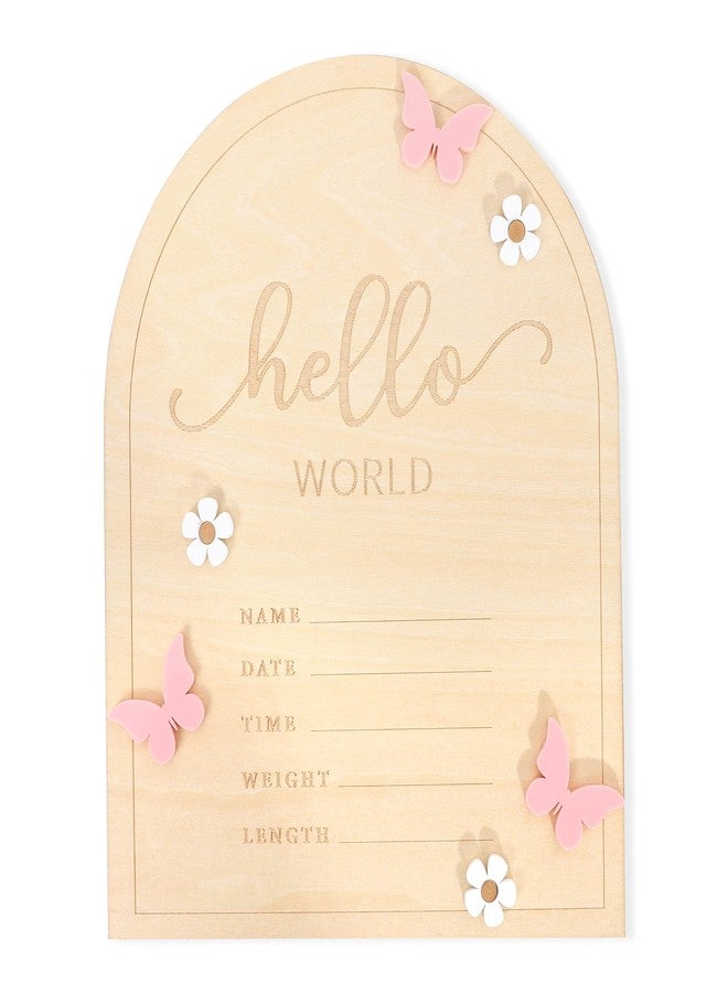 TERJIO Hello World Newborn Sign - Baby Announcement Sign for Baby Showers, Pink Butterfly Newborn Birth Announcement Board, Daisy Wooden Milestone Card,Welcome. - Image 1