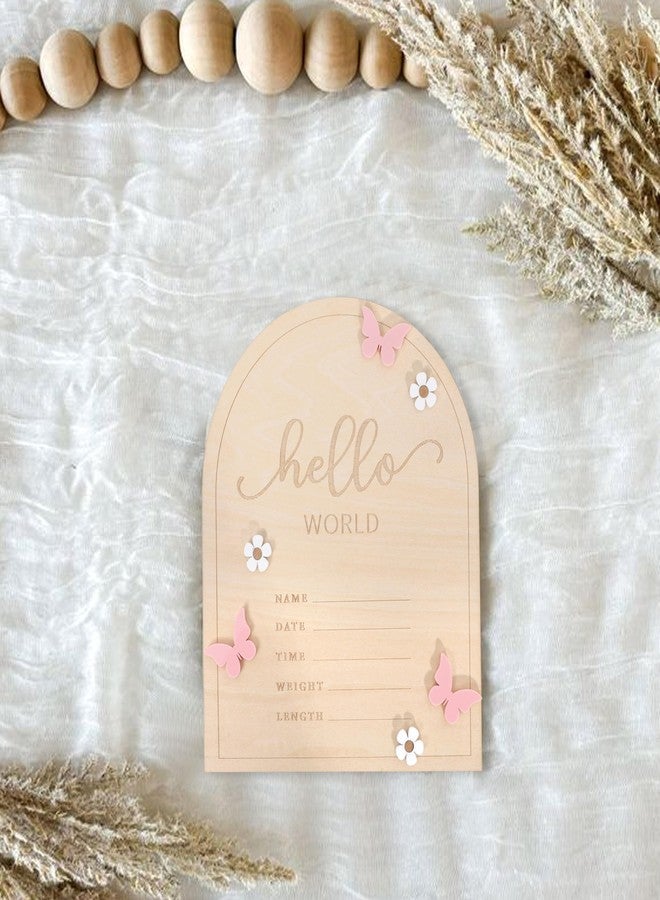 TERJIO Hello World Newborn Sign - Baby Announcement Sign for Baby Showers, Pink Butterfly Newborn Birth Announcement Board, Daisy Wooden Milestone Card,Welcome. - Image 3