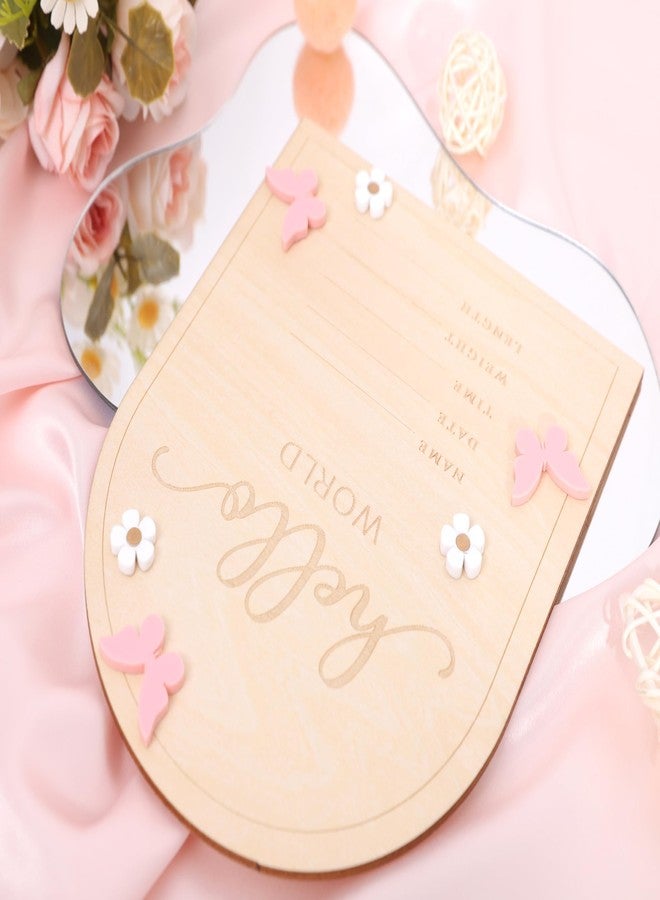 TERJIO Hello World Newborn Sign - Baby Announcement Sign for Baby Showers, Pink Butterfly Newborn Birth Announcement Board, Daisy Wooden Milestone Card,Welcome. - Image 5