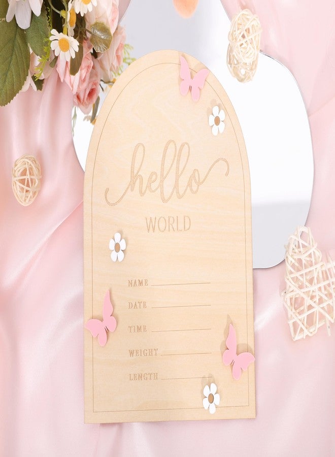 TERJIO Hello World Newborn Sign - Baby Announcement Sign for Baby Showers, Pink Butterfly Newborn Birth Announcement Board, Daisy Wooden Milestone Card,Welcome. - Image 4