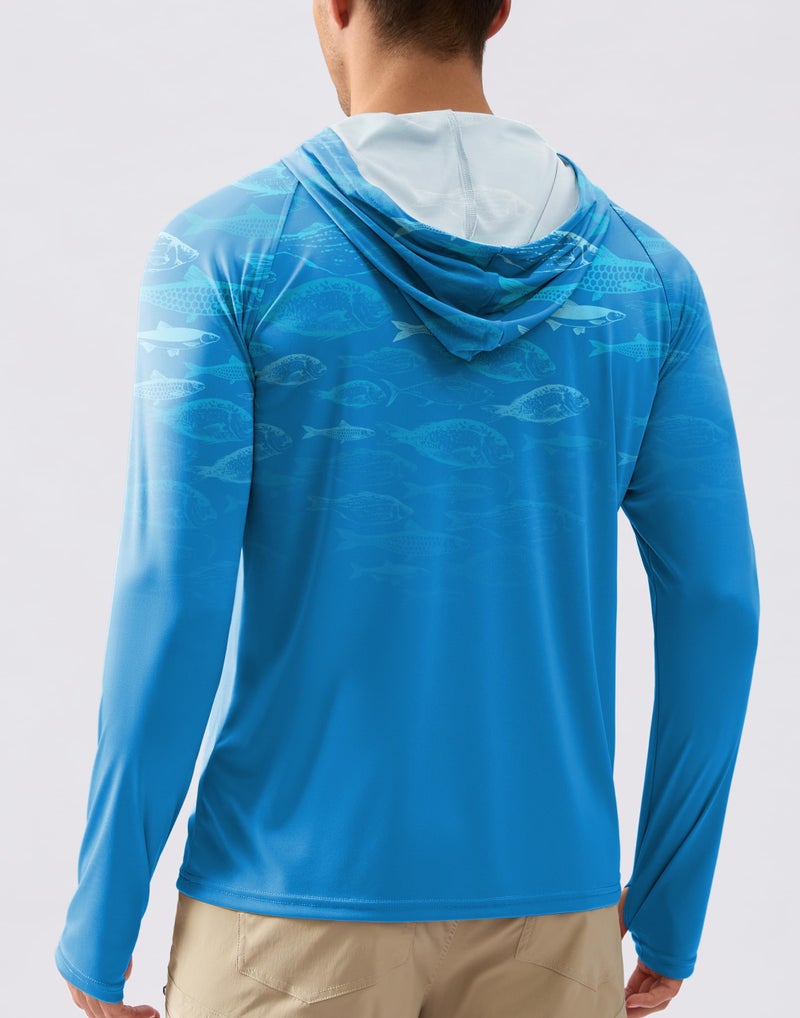 Pudolla Men's Sun Protection Hoodie Shirts UPF 50+ Rash Guard SPF Long Sleeve Fishing Shirt for Men Swim Hiking Boating(Blue Fish Large) - Image 2