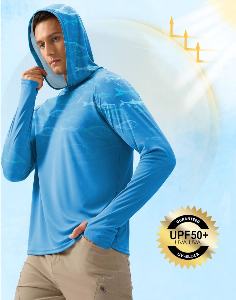 Pudolla Men's Sun Protection Hoodie Shirts UPF 50+ Rash Guard SPF Long Sleeve Fishing Shirt for Men Swim Hiking Boating(Blue Fish Large) - Image 4