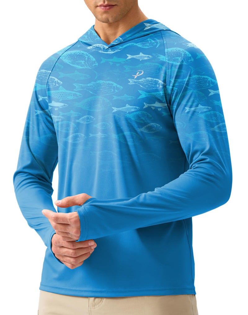 Pudolla Men's Sun Protection Hoodie Shirts UPF 50+ Rash Guard SPF Long Sleeve Fishing Shirt for Men Swim Hiking Boating(Blue Fish Large) - Image 1