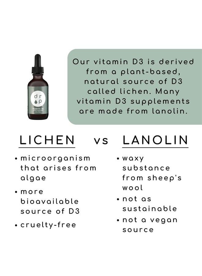 D R P - Vitamin D3 + K2 Drops with 1000 IU of Plant Based D3 and 45 mcg of K2, 2 oz Liquid Supplement for Bone Strength, Improved Mood - No Artificial Preservatives, Unflavored, with Coconut MCT Oil - Image 1